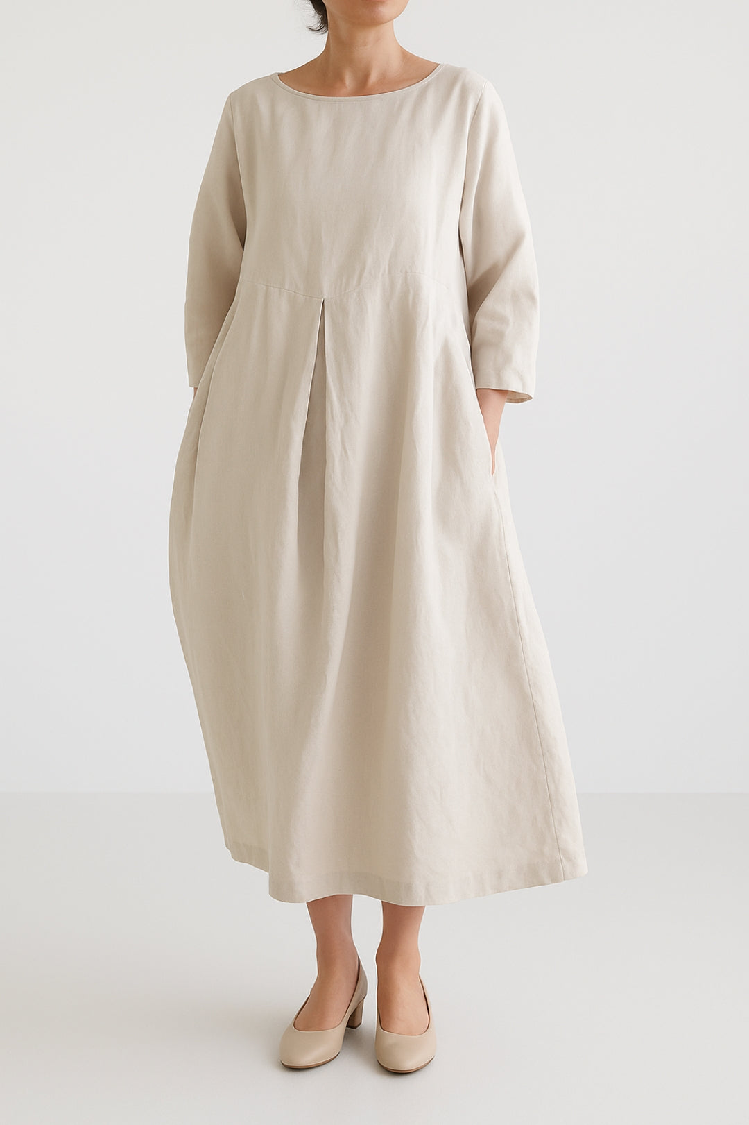Emily - Women's Casual Midi Dress with Front Pleats