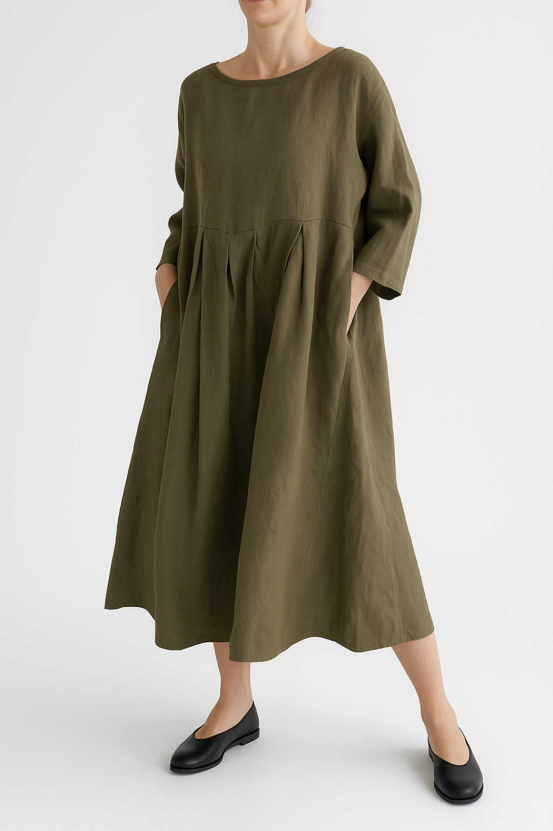 Emily - Women's Casual Midi Dress with Front Pleats