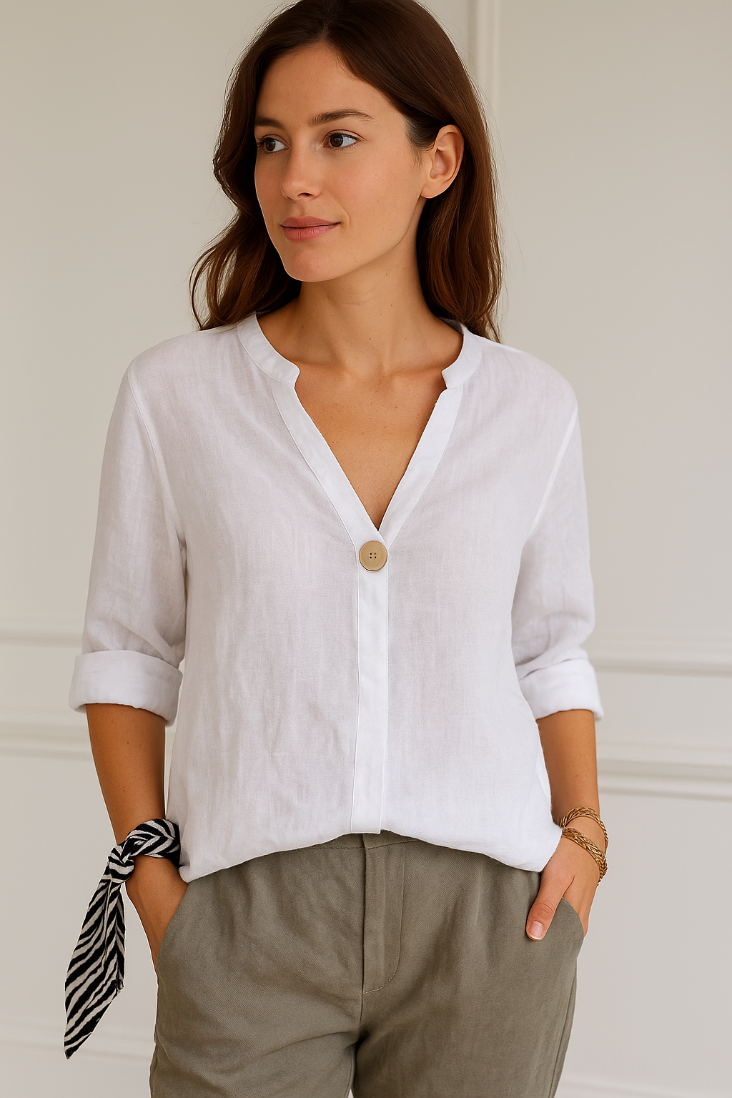 Valerie - Women's Relaxed sitzende Blouse with V-Neck and Knopfdetails