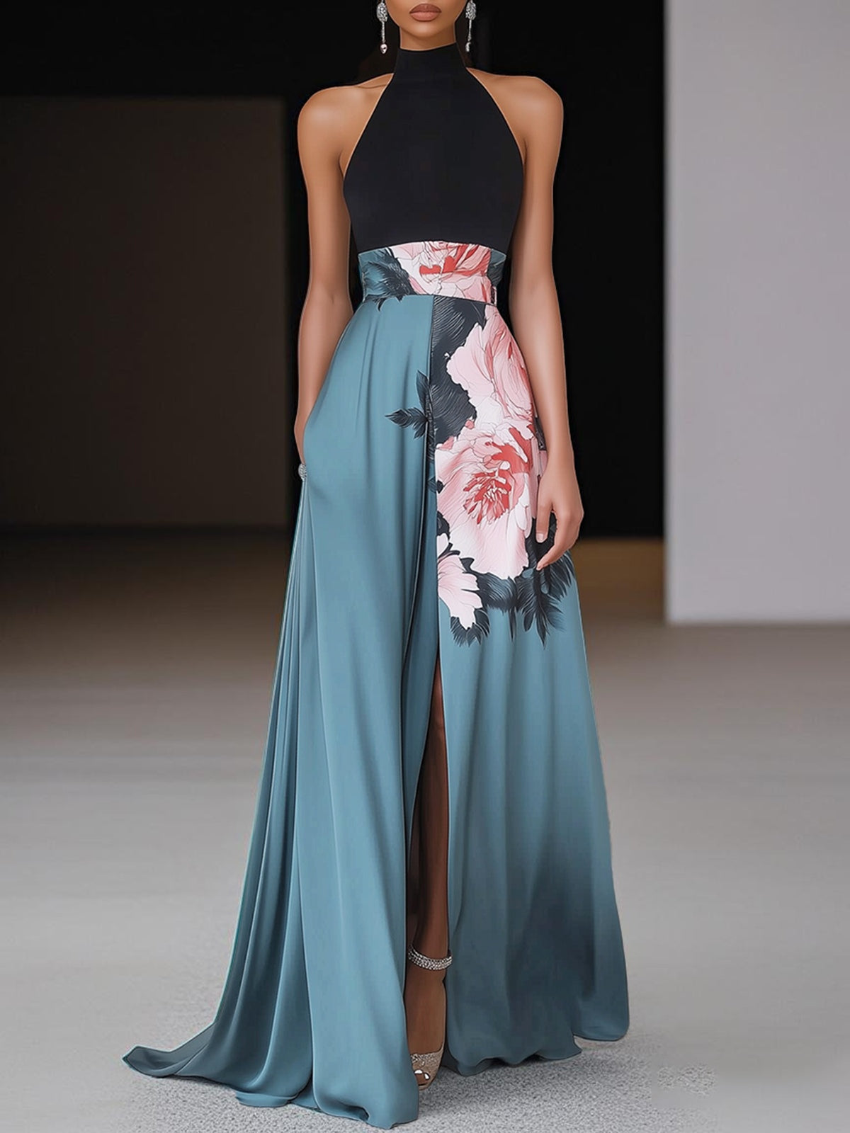 Rebecca - Women's Floral Crew Neck Sleeveless Maxi Dress
