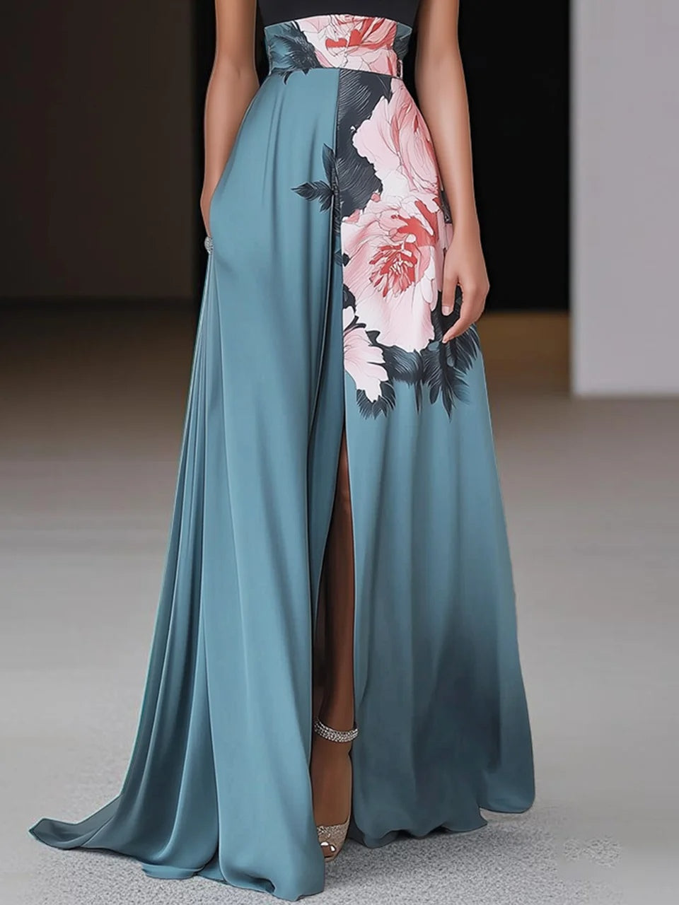 Ava - Women's Chic Schwarzes Geschlitztes Floral Klassisches Round Neck Sleeveless A-Line Maxi Dress