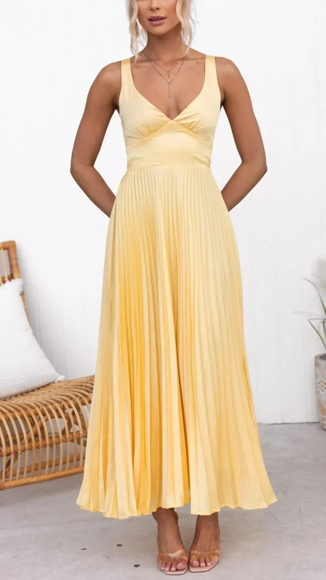 Freya - Women's V-Neck Pleated Maxi-Dress