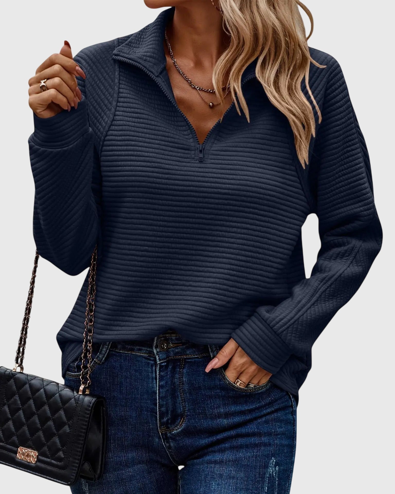 Ellie - Women's Casual Long Sleeve-Sweater with Zip