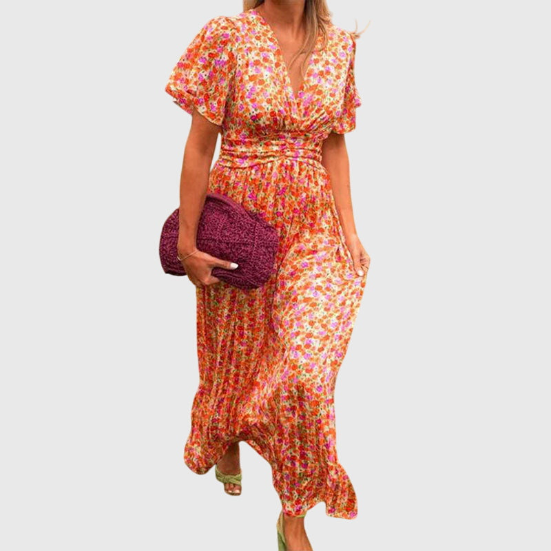 Donna - Women's Maxi Dress with Floral Print and Short Sleeves