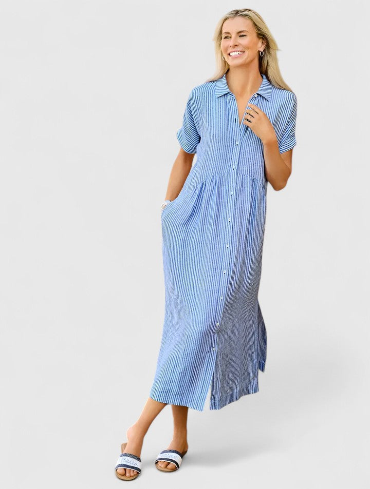 Christine - Women's Relaxed Striped Shirt-Midi Dress