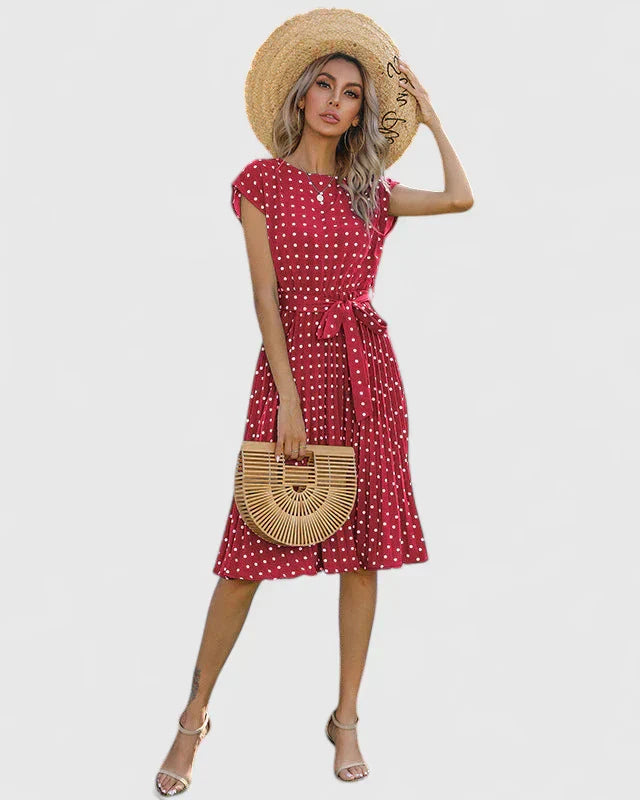 Edith - Women's Midi Dress with Short Sleeves and Pleated Skirt