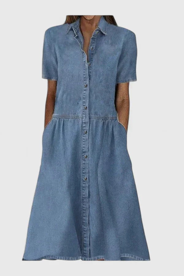 Doris - Women's Midi Dress with Button Placket and Short Sleeves