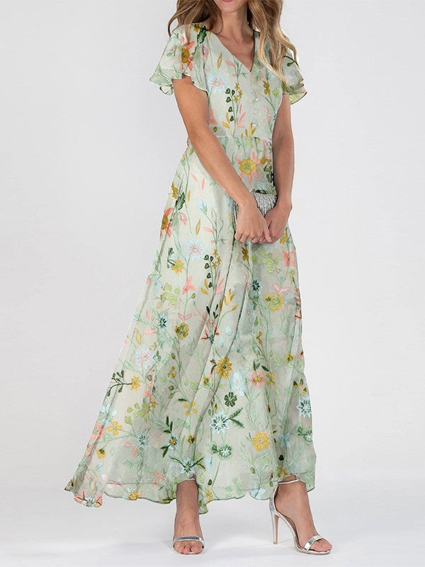 Isabella - Women's Maxi-Dress with Floral Print and V-Neck