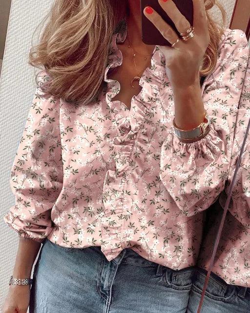 Mandy - Women's Blouse with Ruffle-Detail and V-Neck