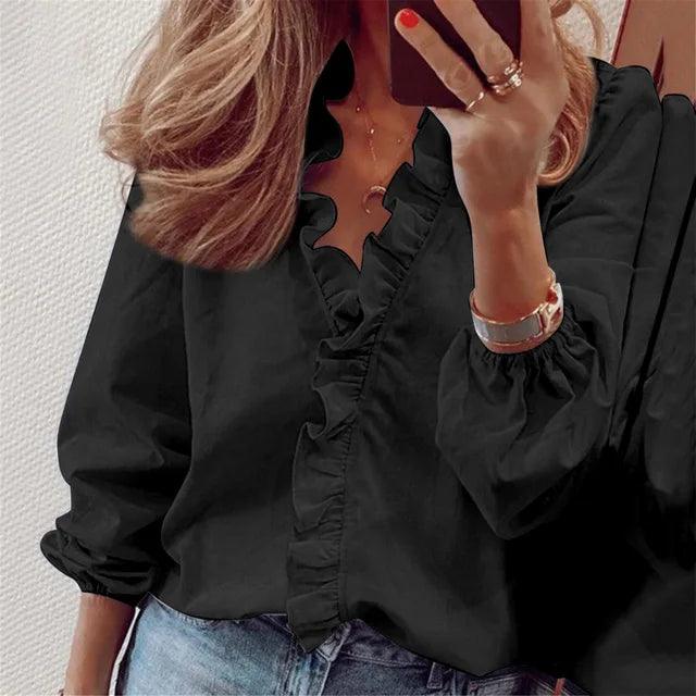 Mandy - Women's Blouse with Ruffle-Detail and V-Neck