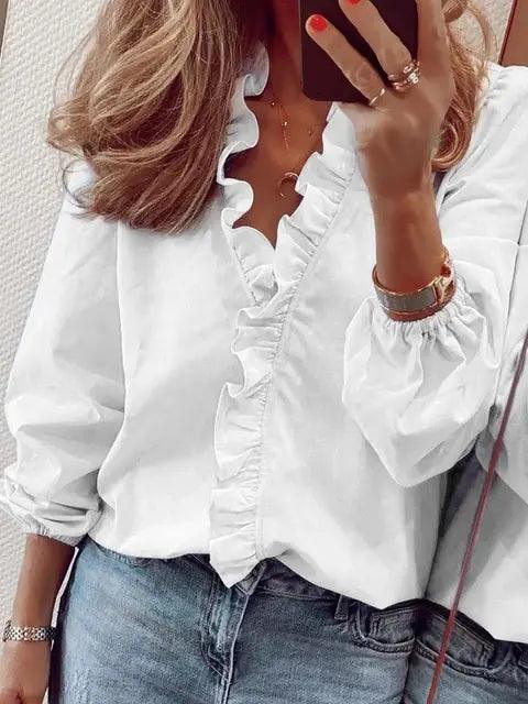 Mandy - Women's Blouse with Ruffle-Detail and V-Neck