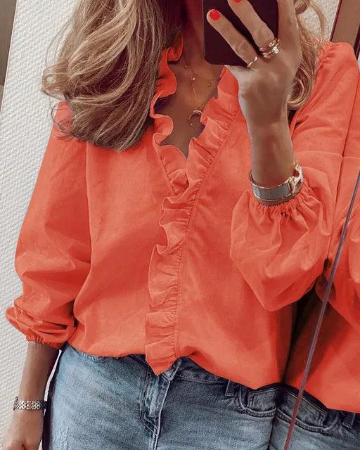 Mandy - Women's Blouse with Ruffle-Detail and V-Neck