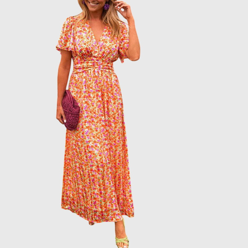 Donna - Women's Maxi Dress with Floral Print and Short Sleeves