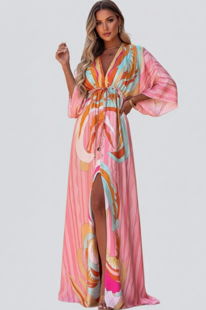 Helen - Women's Maxi Dress with V-Neck and Belt in Waist