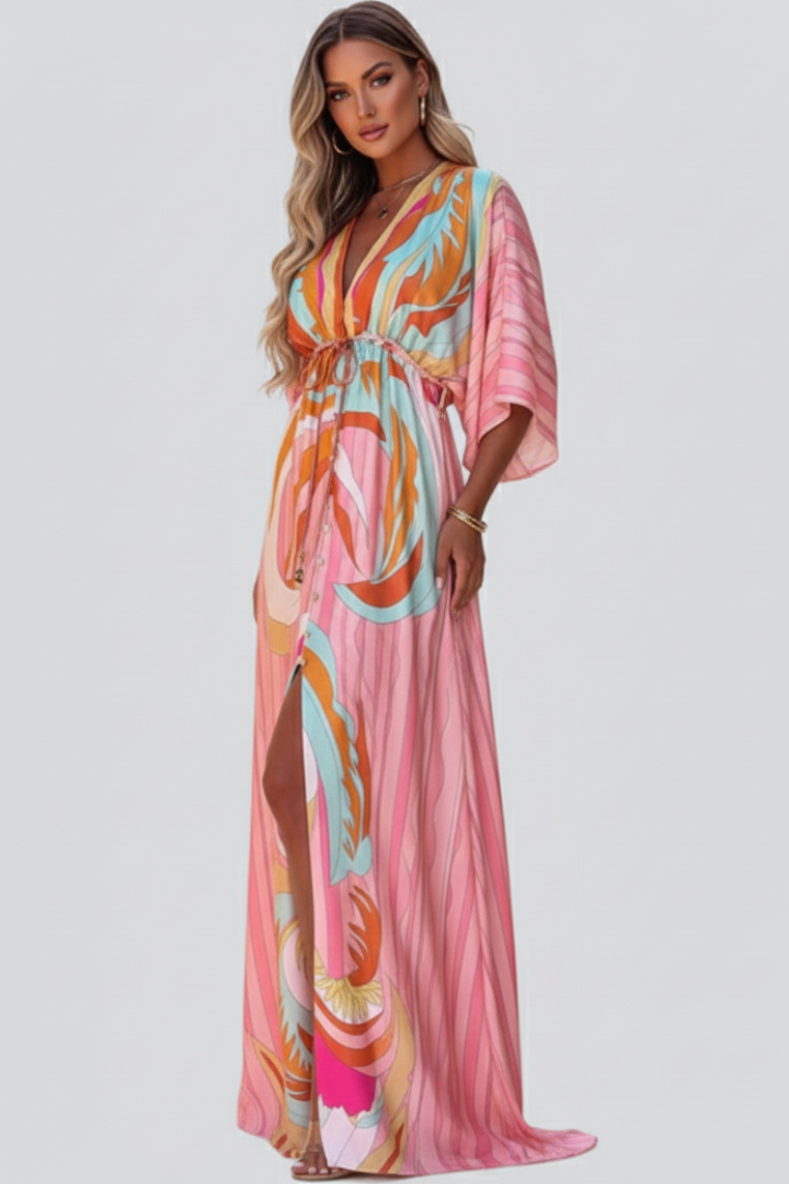 Helen - Women's Maxi Dress with V-Neck and Belt in Waist