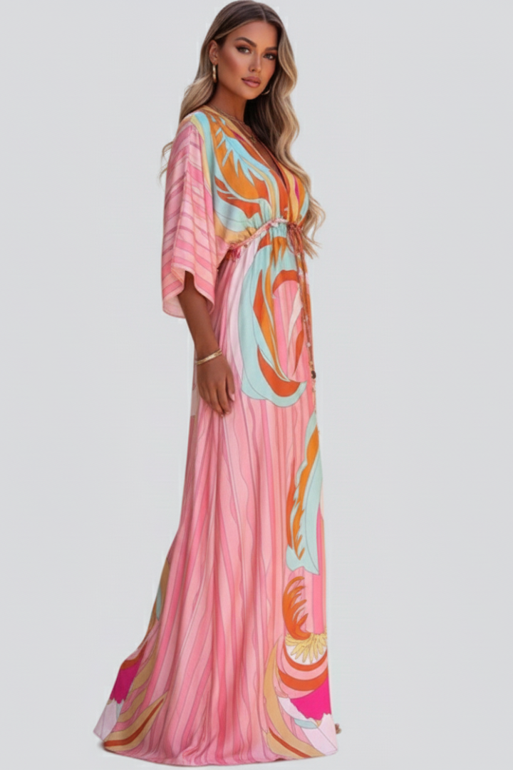Helen - Women's Maxi Dress with V-Neck and Belt in Waist