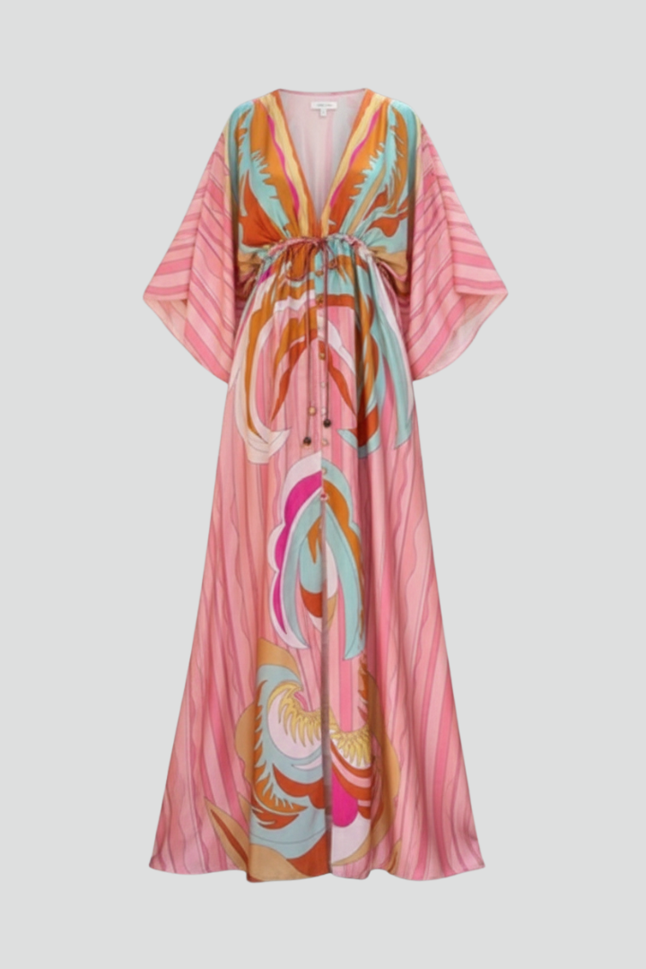 Helen - Women's Maxi Dress with V-Neck and Belt in Waist