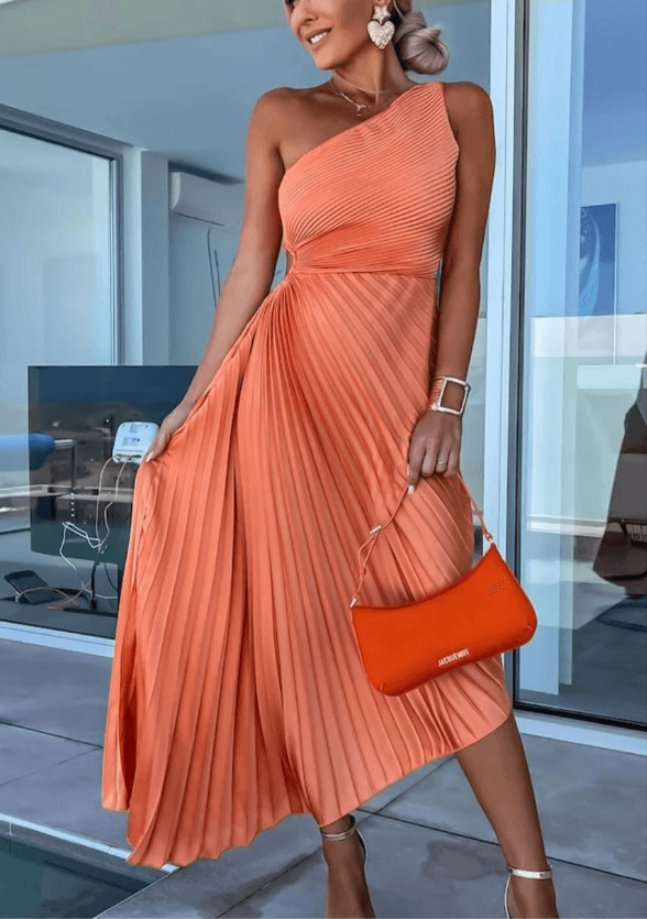 Amelia - Women's Wedding Guest Dress a-Schulter Gefaltetes Maxi Dress