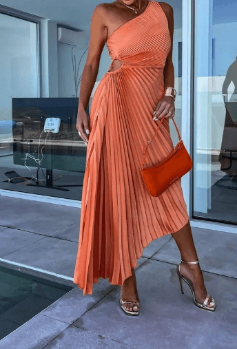 Amelia - Women's Wedding Guest Dress a-Schulter Gefaltetes Maxi Dress