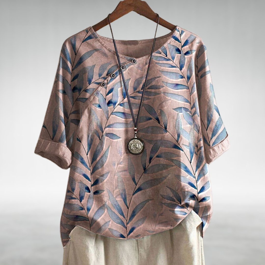 Alex - Avslappet Blouse med Bladtrykk og Knapper for Kvinner