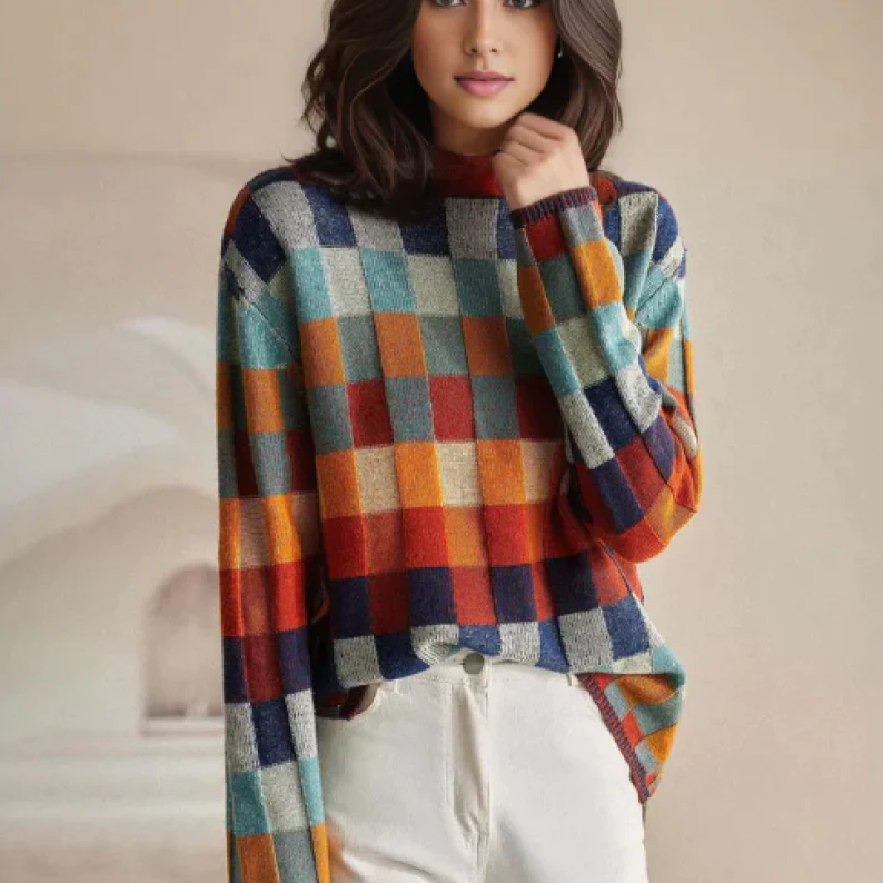 Amelia - Women's Knit Sweater with Colour Block- and Karomuster