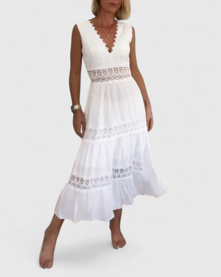 Molly - Women's Sleeveless Midi Dress with V-Neck and Lace Trim