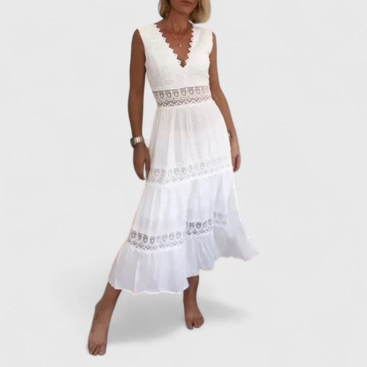 Molly - Women's Sleeveless Midi Dress with V-Neck and Lace Trim