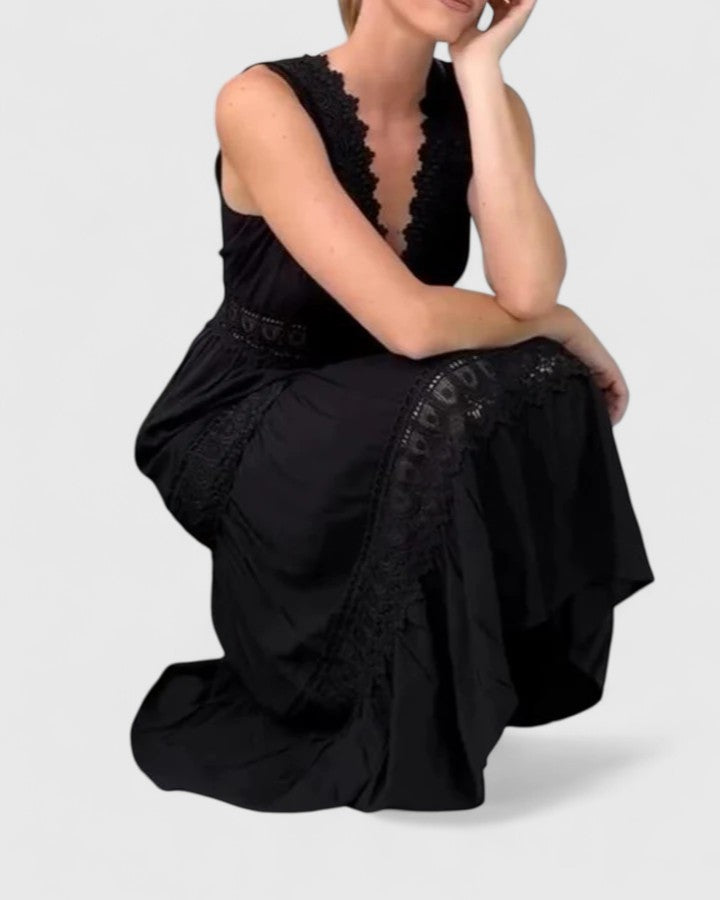 Molly - Women's Sleeveless Midi Dress with V-Neck and Lace Trim