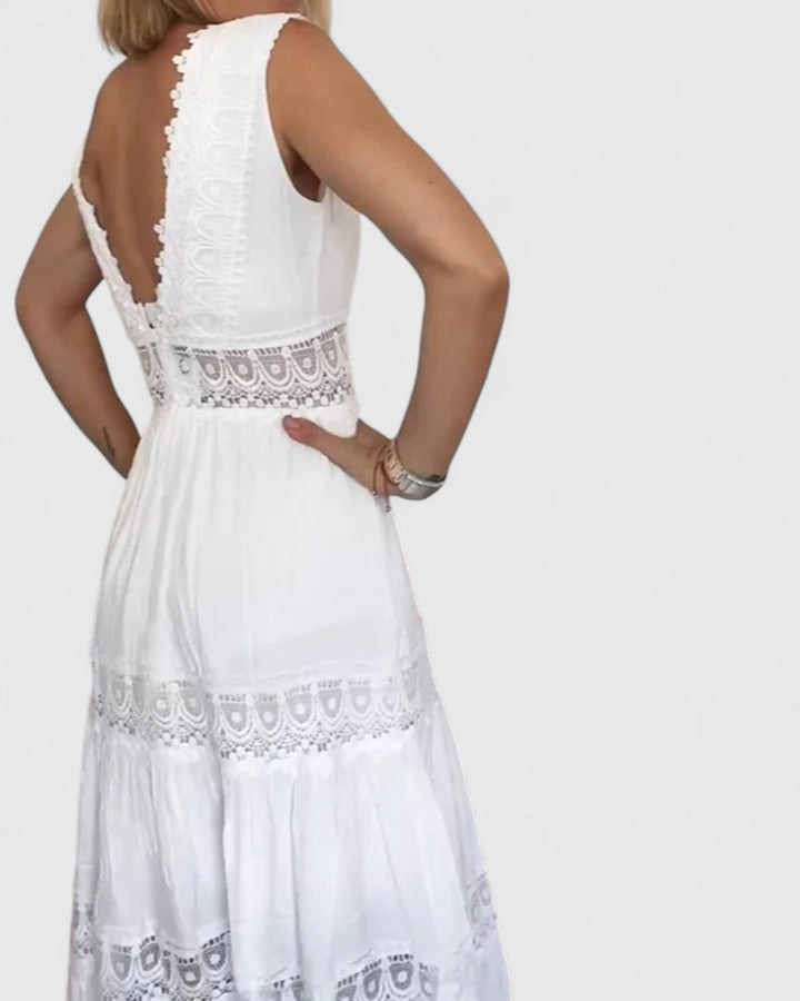 Molly - Women's Sleeveless Midi Dress with V-Neck and Lace Trim