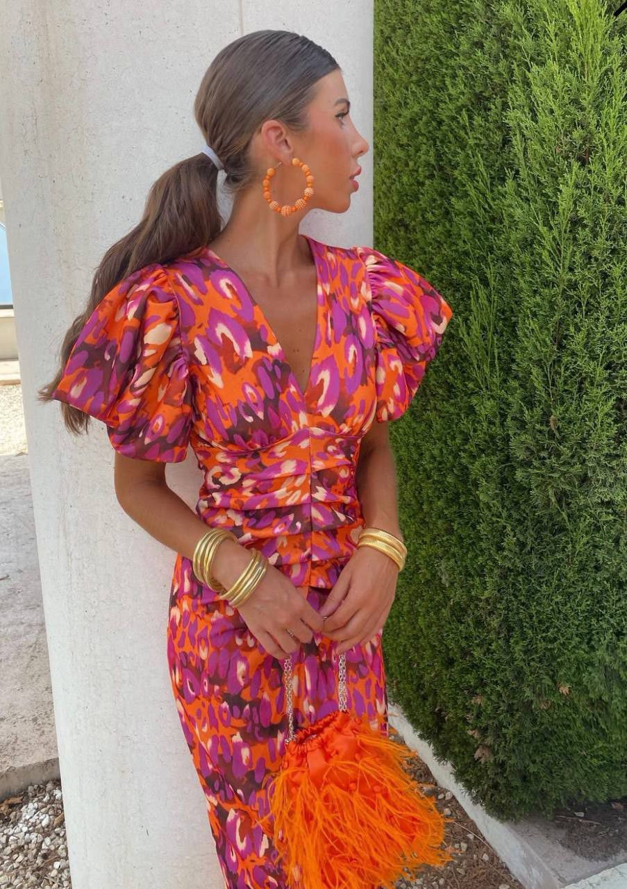 Karen - Women's Summer Printed Midi Dress with Puff Sleeves