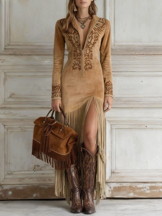 Helen - Women's Suede Fringe Summer Maxi Dress