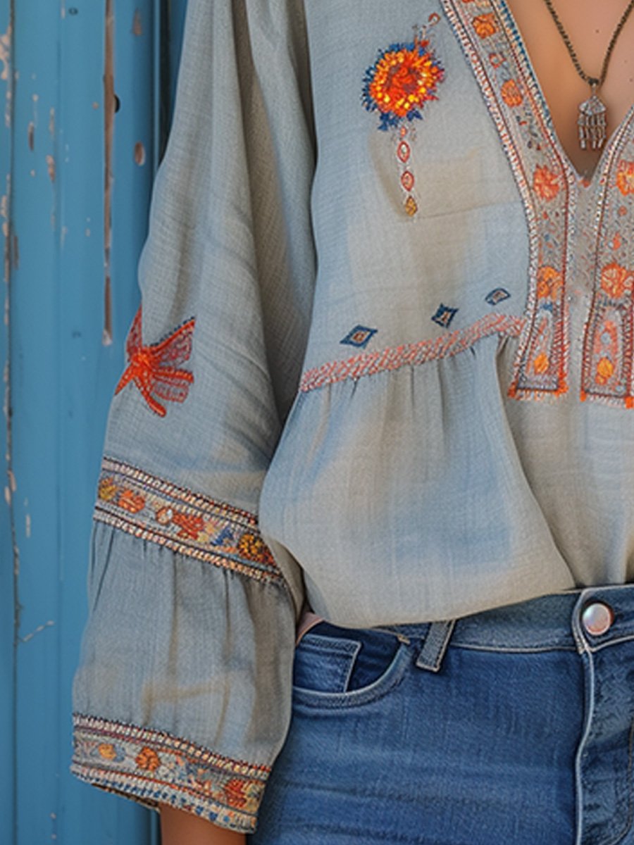 Winifred - Women's Boho-Blouse with Stickerei and V-Neck