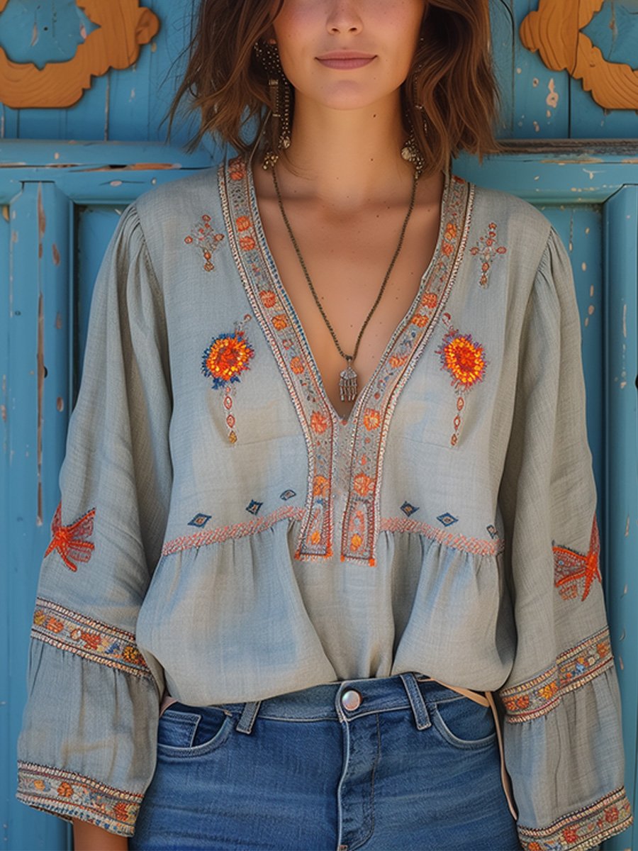 Winifred - Women's Boho-Blouse with Stickerei and V-Neck