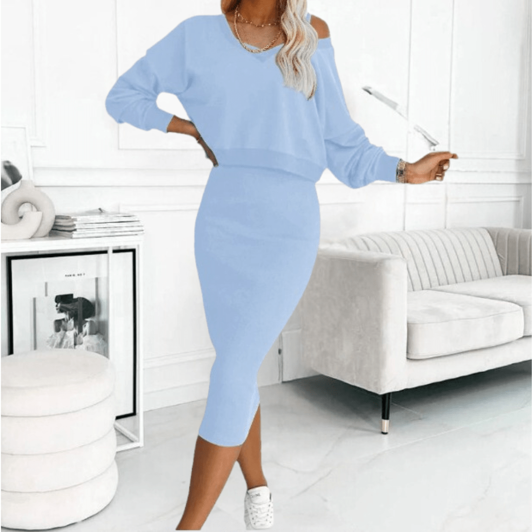 Freya - Women's Casual-Set with Knit Sweater and Midi Dress