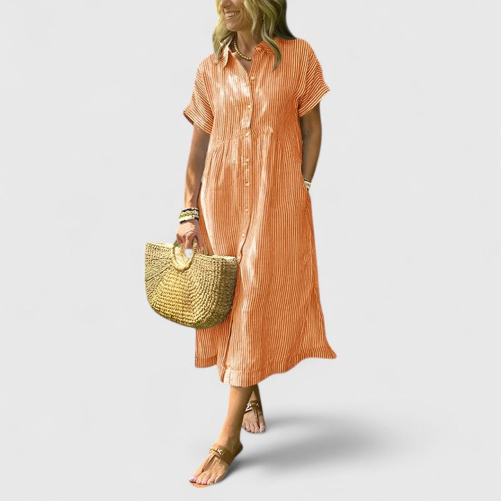 Christine - Women's Relaxed Striped Shirt-Midi Dress