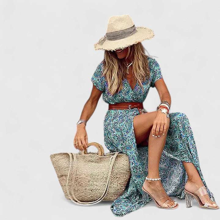 Ella - Women's Casual Boho-Maxi Dress with V-Neck