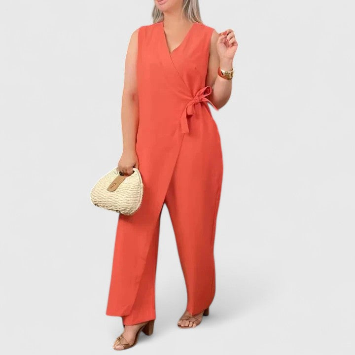 Amber - Women's Sleeveless Jumpsuit with Wrap Style and Waist Belt