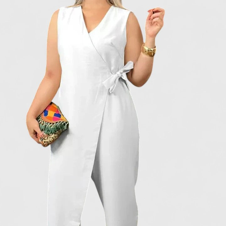 Amber - Women's Sleeveless Jumpsuit with Wrap Style and Waist Belt