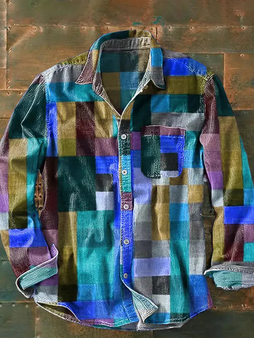 Joshua - Men's Casual Long Sleeve Shirt with Patchwork-Design