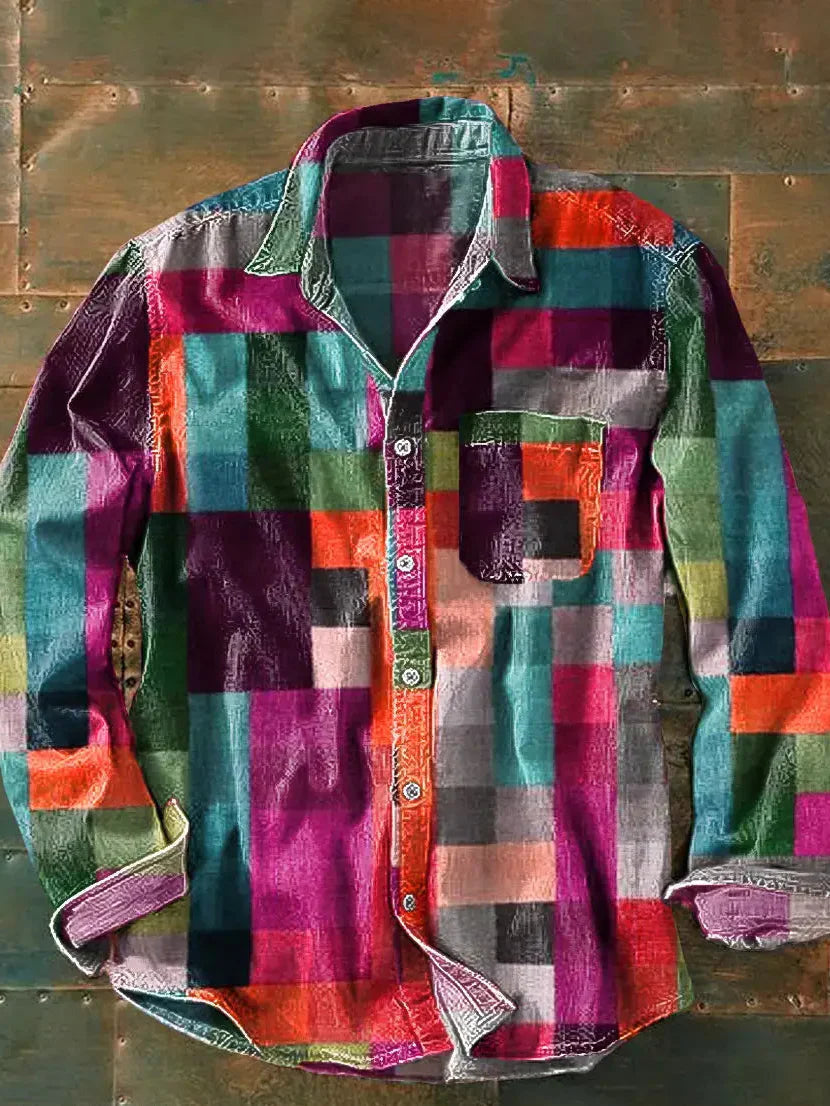 Joshua - Men's Casual Long Sleeve Shirt with Patchwork-Design